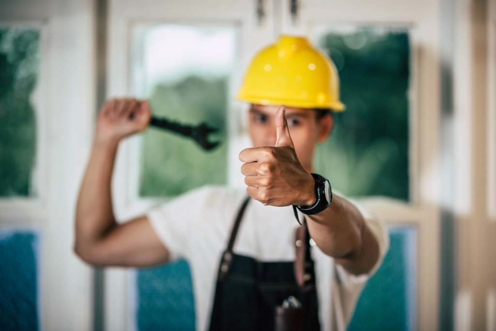 un-technicien-tient-un-tournevis-et-tient-un-pouce